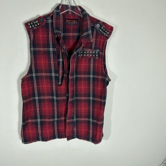 Tripp NYC Plaid Shirt Unisex Red Plaid Button up Distressed Studs Size M Medium - Picture 6 of 6